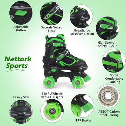 Nattork Adjustable Roller Skates for Kids-Green