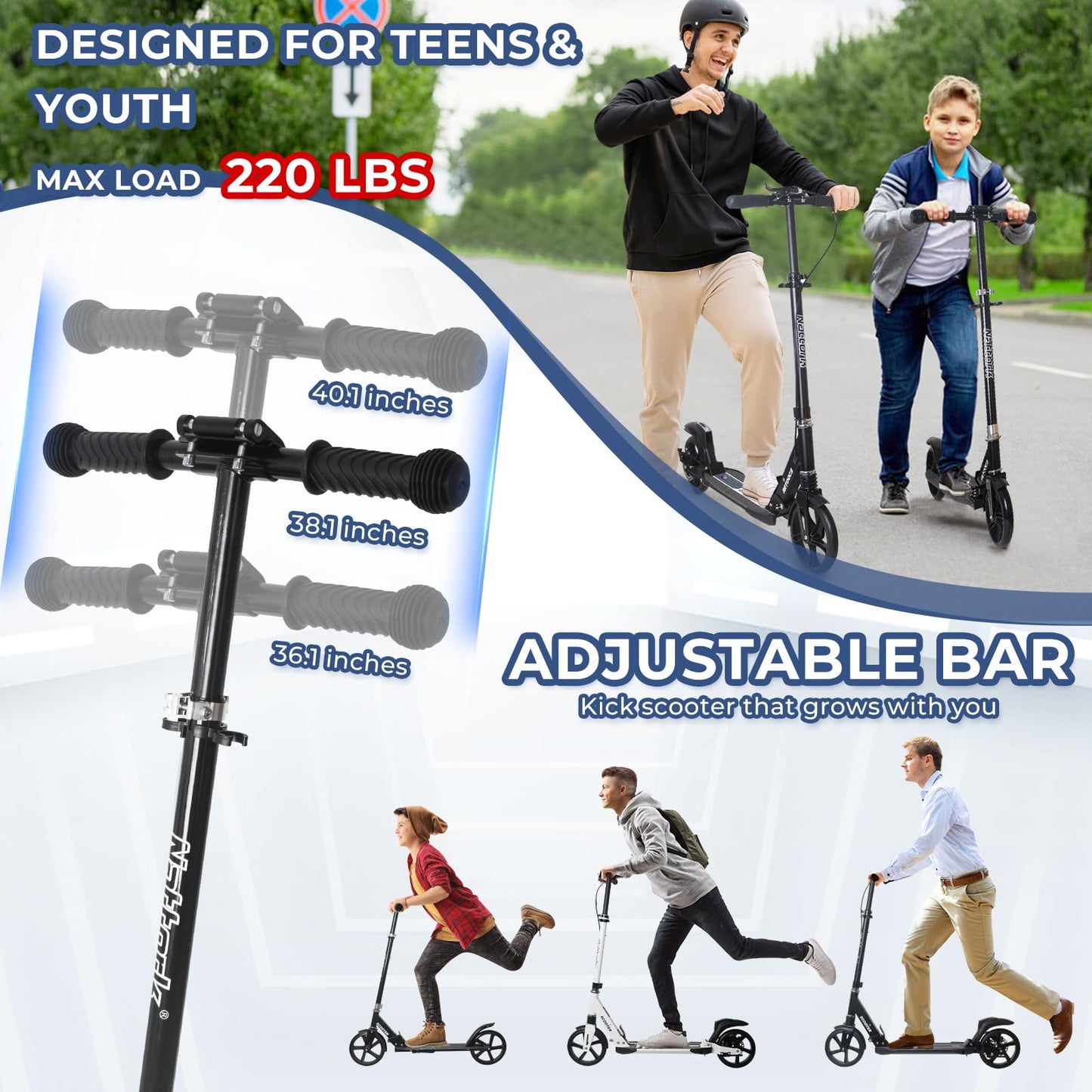 Patinete plegable Nattork para niños de 8 años en adelante, color negro fantasmal