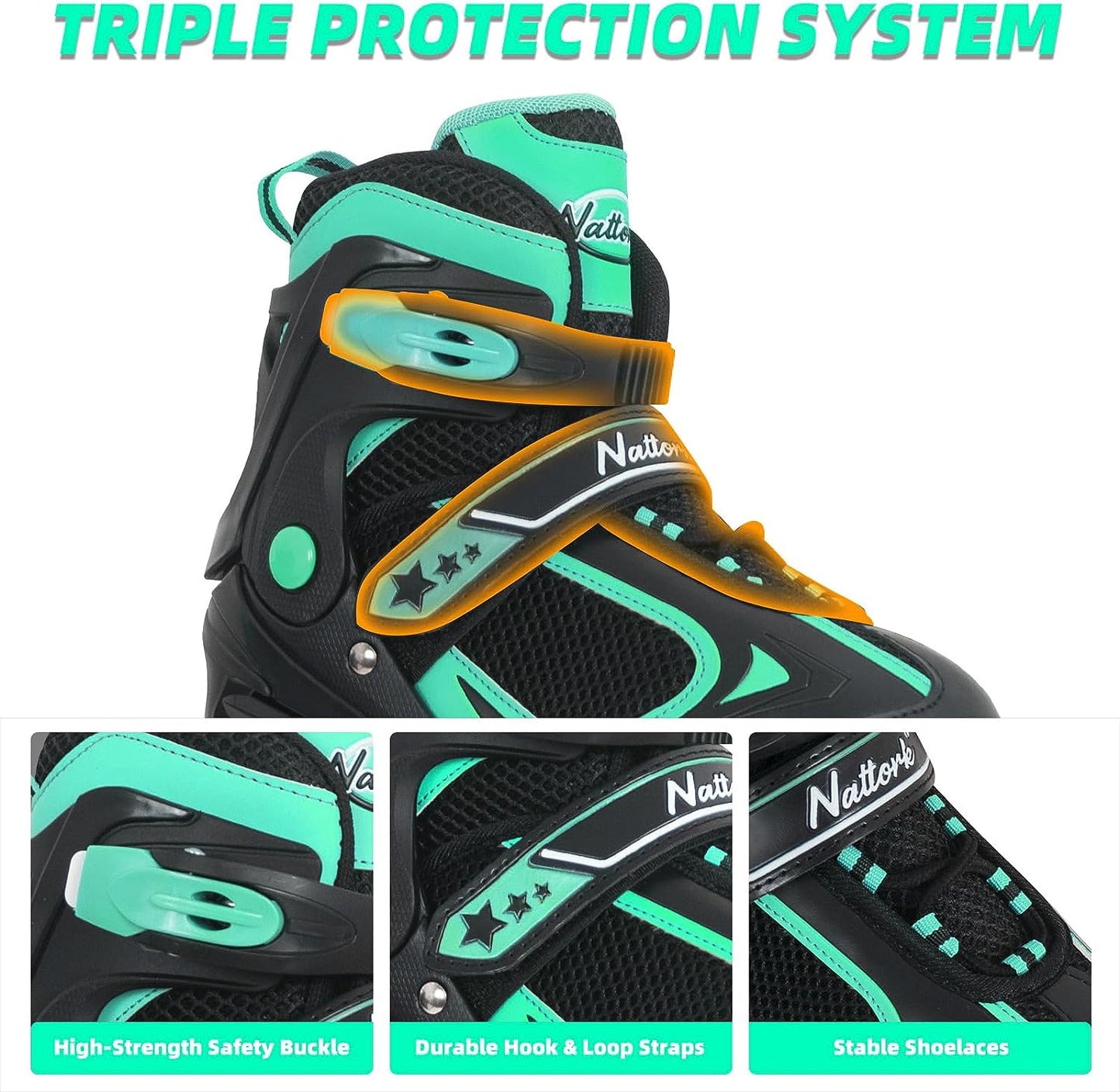 Patines en línea ajustables Nattork para niños en color verde azulado