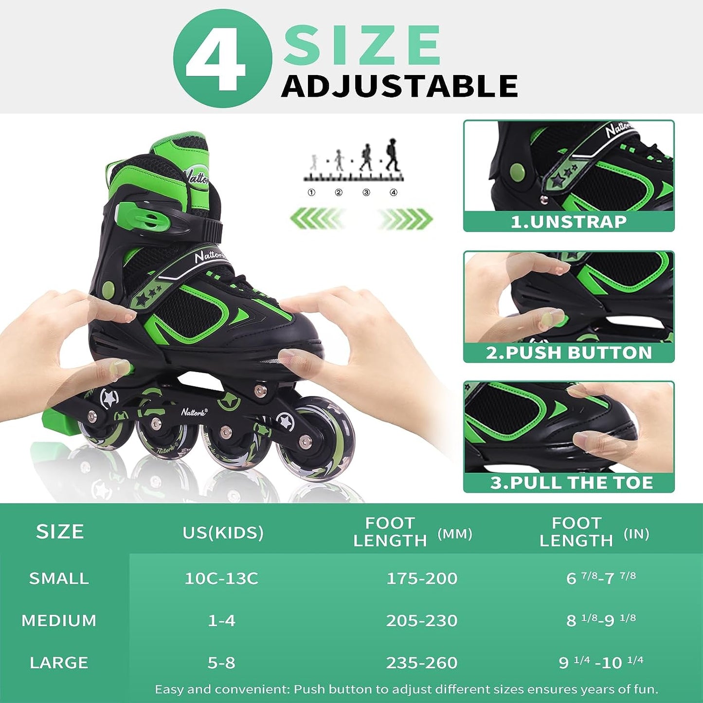 Nattork Adjustable Inline Skates for Kids Green