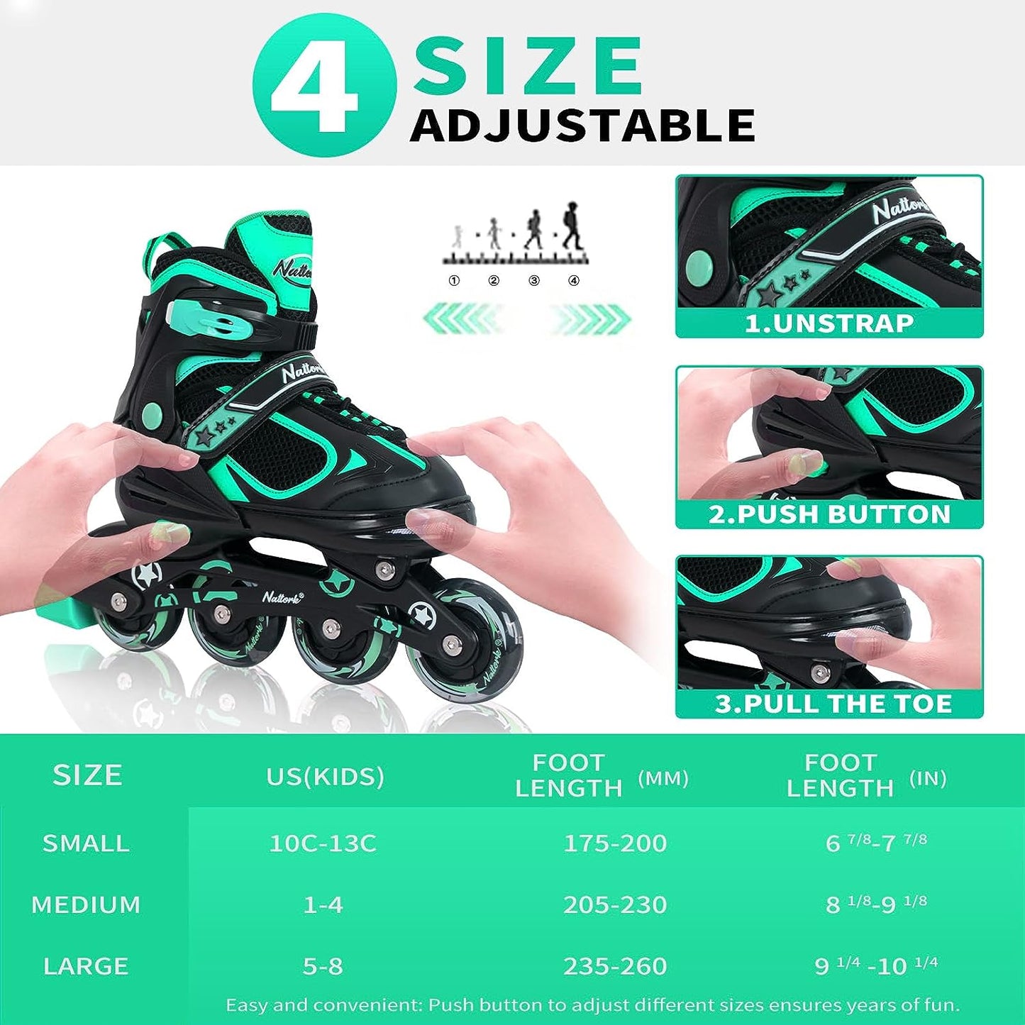 Patines en línea ajustables Nattork para niños en color verde azulado