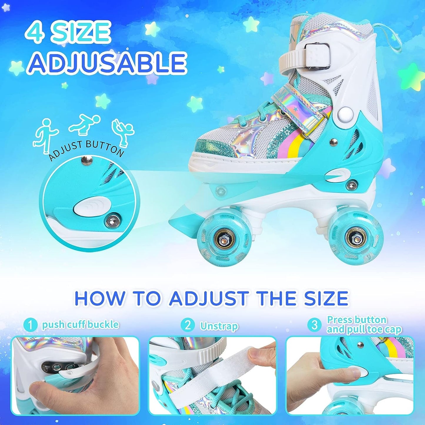 Nattork Adjustable Roller Skates for Kids - Teal