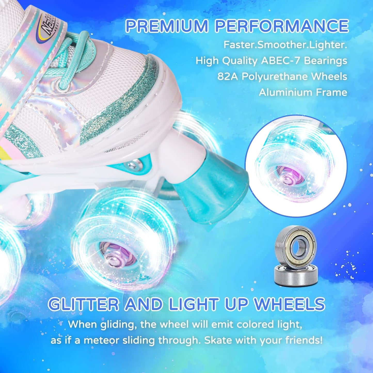 Nattork Adjustable Roller Skates for Kids - Teal