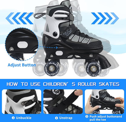 Nattork Adjustable Roller Skates for Kids - Black & white