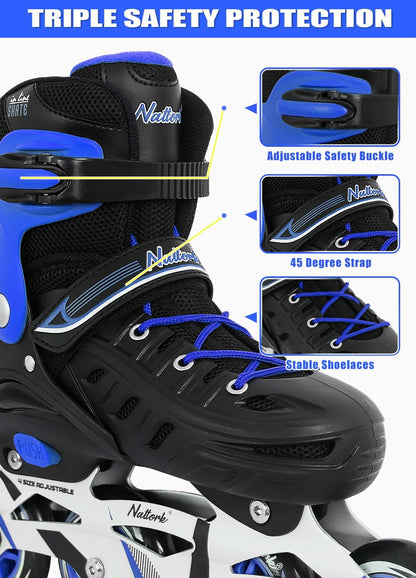 Patines en línea ajustables Nattork para niños y adultos, color azul