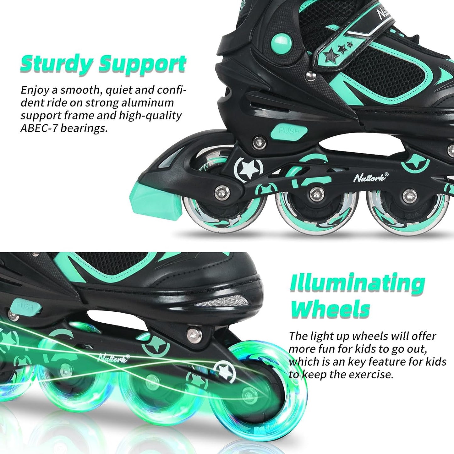 Patines en línea ajustables Nattork para niños en color verde azulado