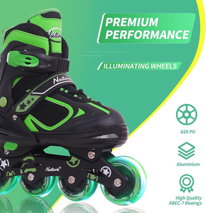 Nattork Adjustable Inline Skates for Kids Green