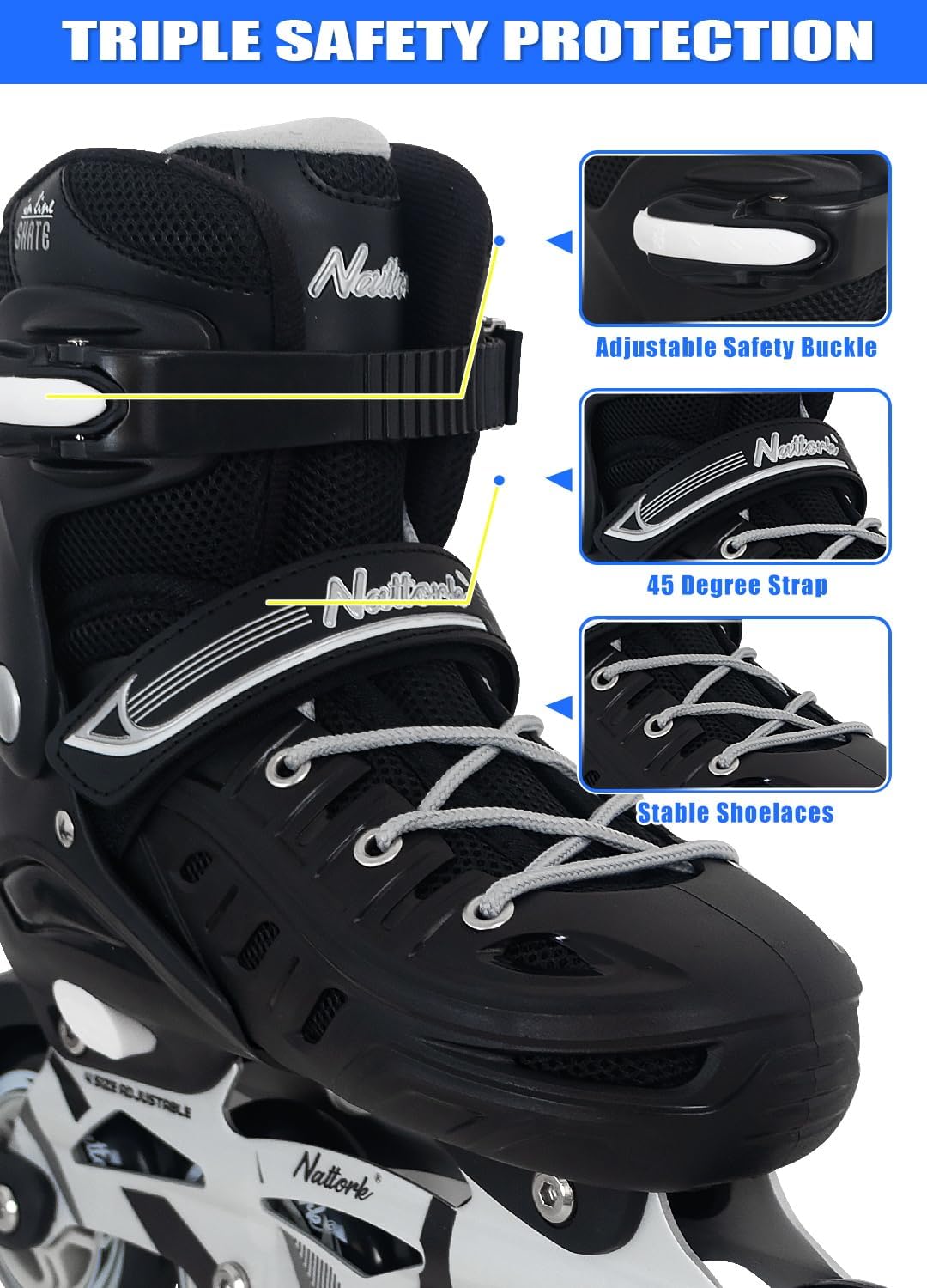 Nattork Speed Shell Inline Skates For Kids & Adults - Black