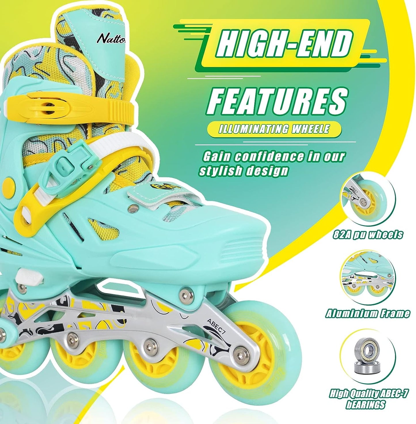 Patines en línea ajustables Nattork para niños, color verde azulado