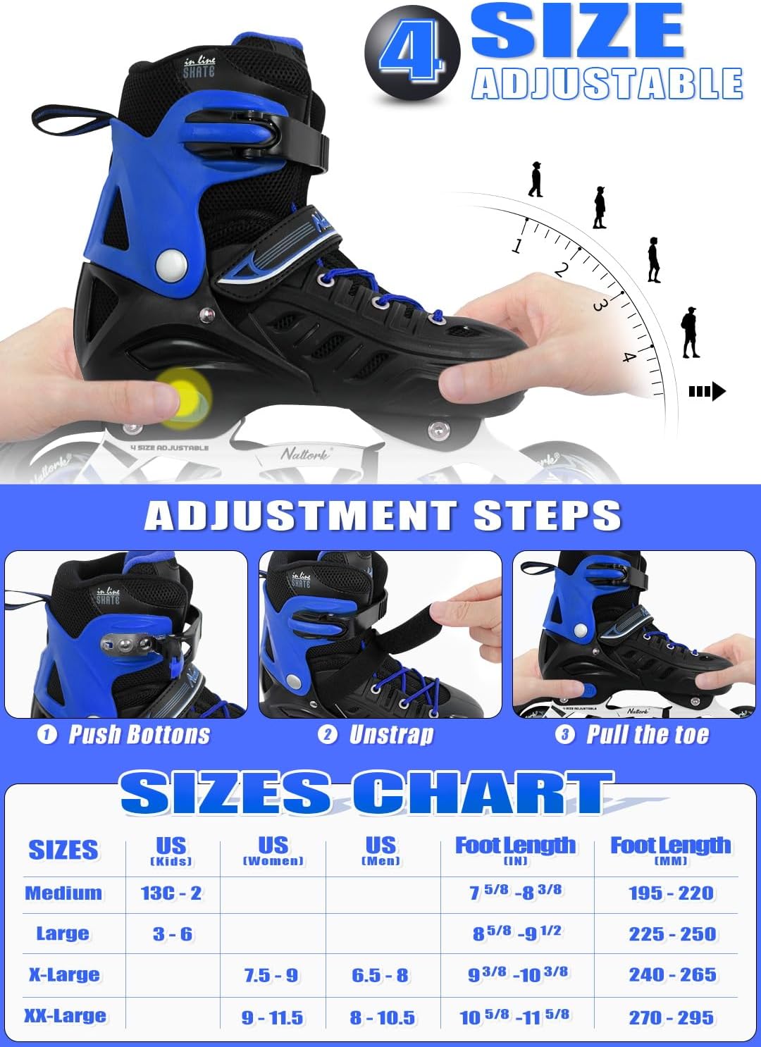 Patines en línea ajustables Nattork para niños y adultos, color azul