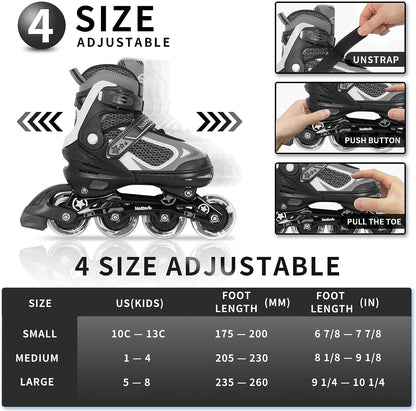 Nattork Adjustable Inline Skates for Kids - Black