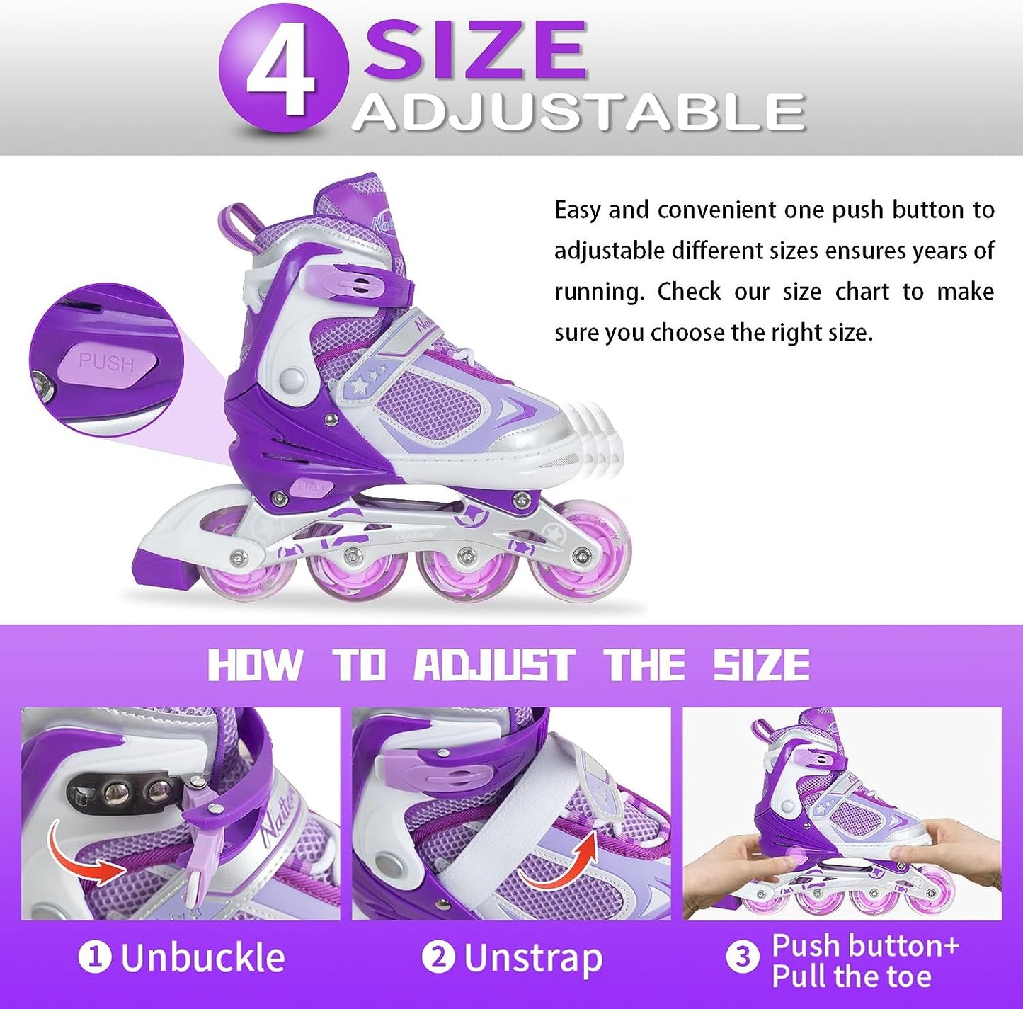 Nattork Adjustable Inline Skates for Kids Purple