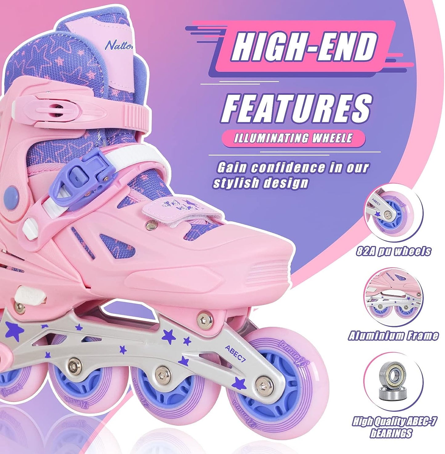 Nattork Adjustable Inline Skates for Kids Pink