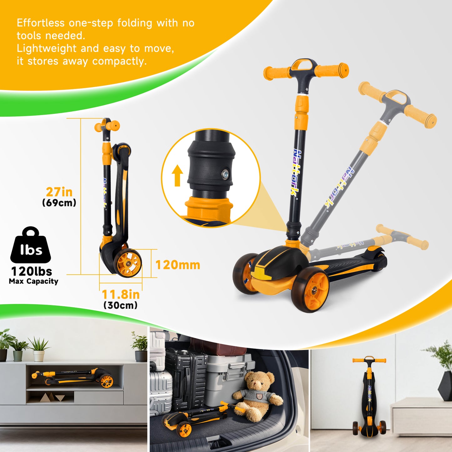 Nattork Foldable Light-Up 3-Wheel Scooter for Kids Ages 3–12 - Orange