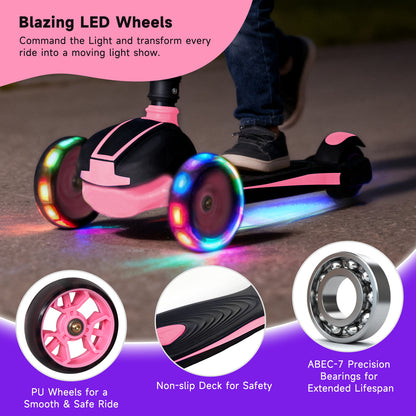 Nattork Foldable Light-Up 3-Wheel Scooter for Kids Ages 3–12 - Pink