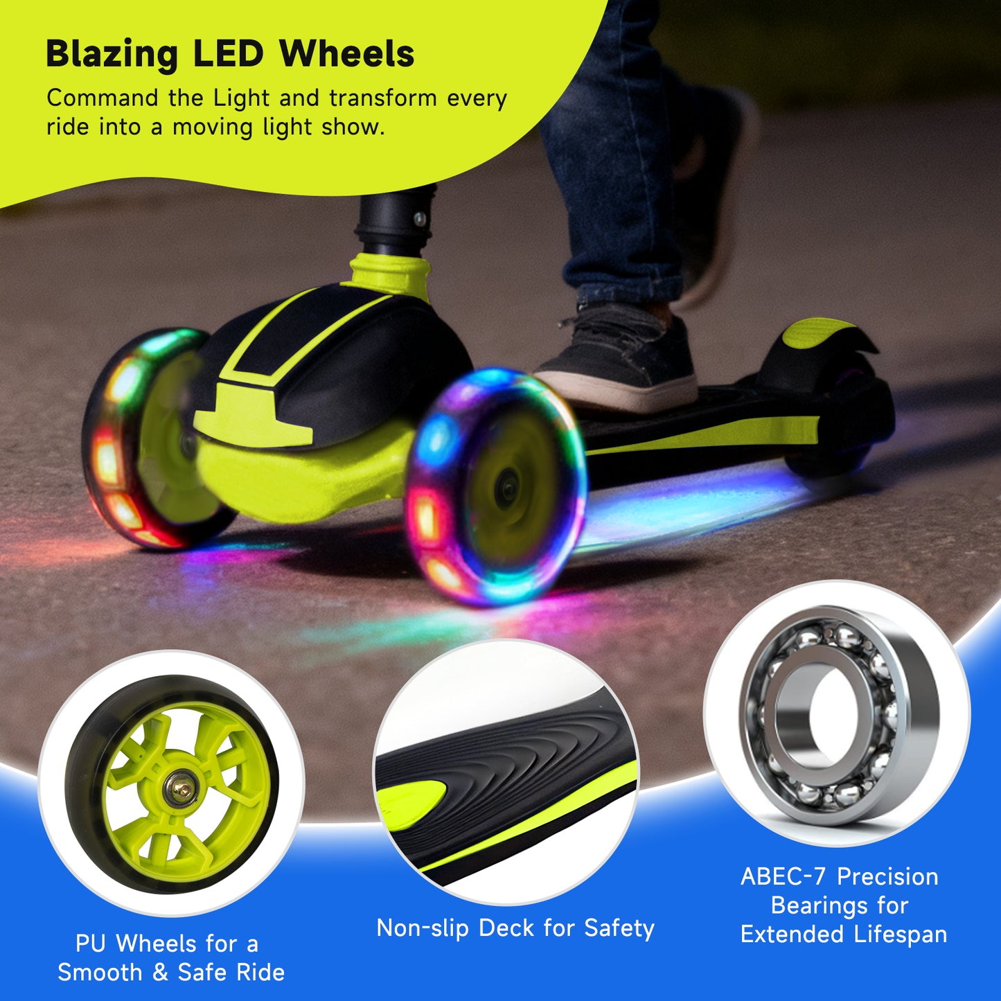 Nattork Foldable Light-Up 3-Wheel Scooter for Kids Ages 3–12 - Green