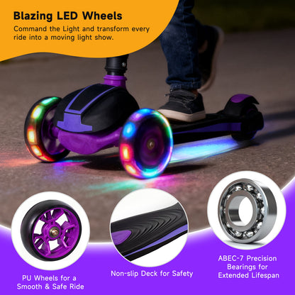 Nattork Foldable Light-Up 3-Wheel Scooter for Kids Ages 3–12 - Purple