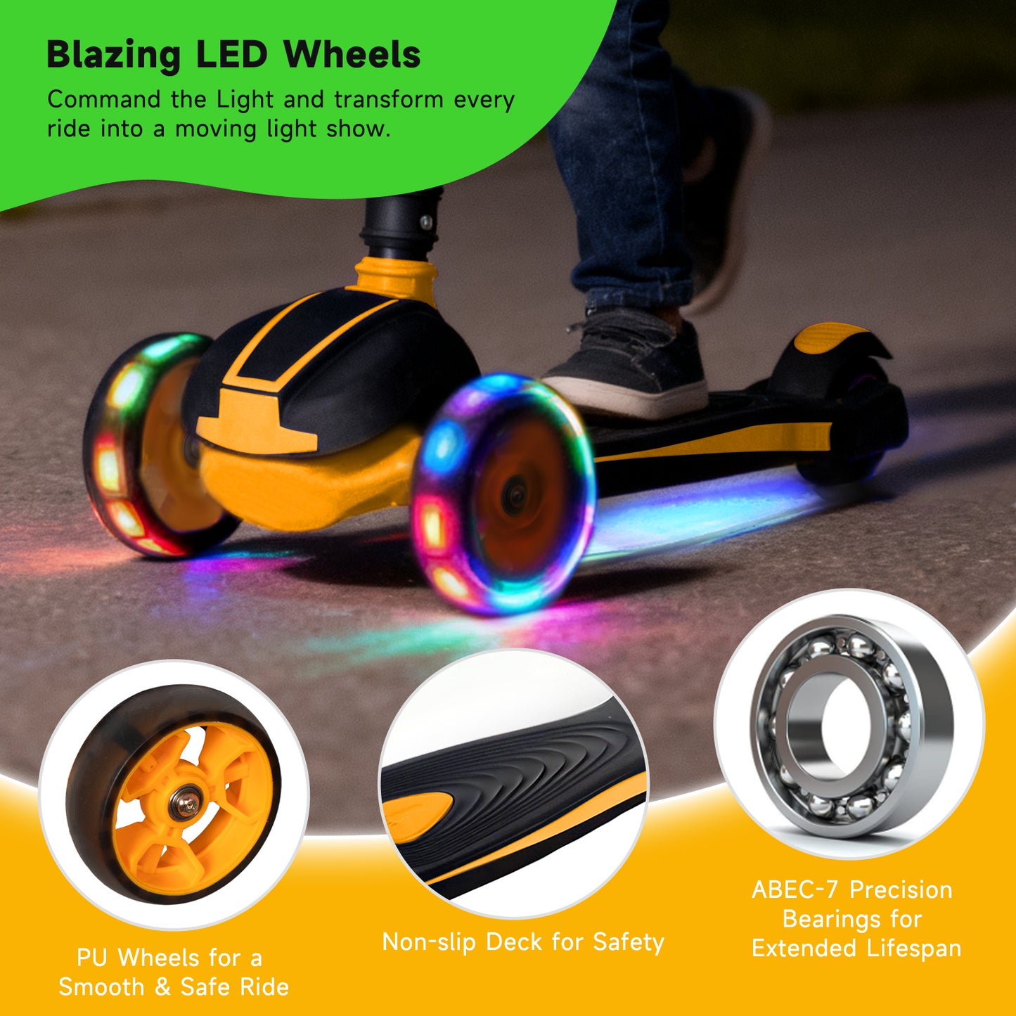 Nattork Foldable Light-Up 3-Wheel Scooter for Kids Ages 3–12 - Orange