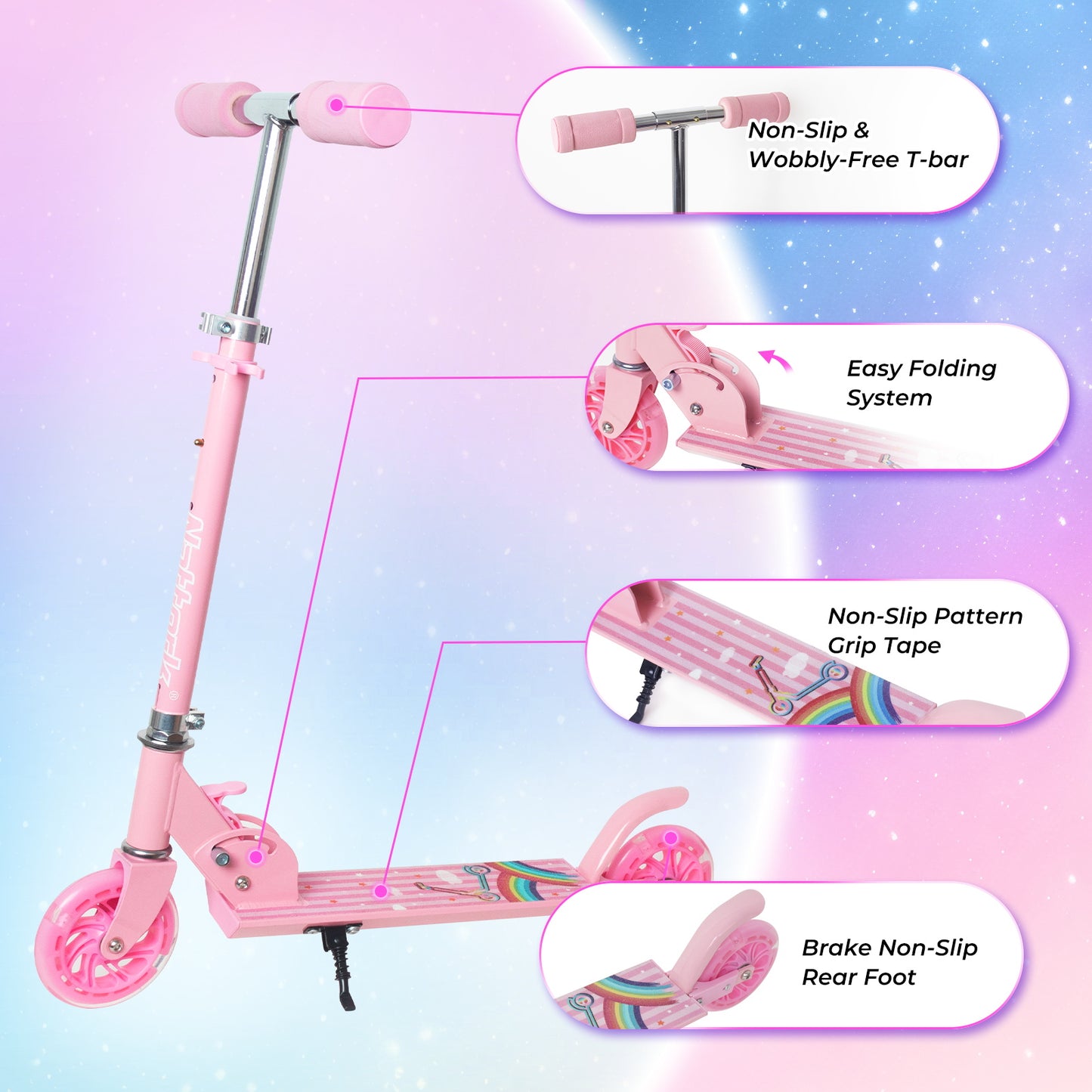 Patinete plegable para niños Nattork con luces, a partir de 3 años, color arcoíris rosa