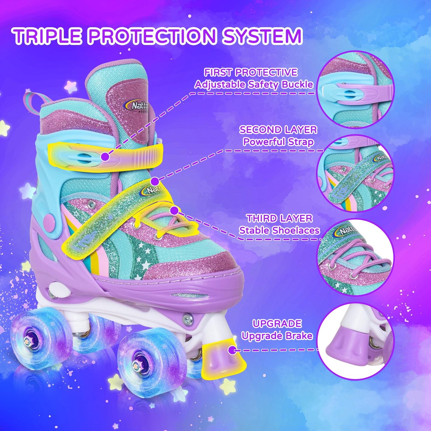 Nattork Adjustable Roller Skates for Kids - Purple