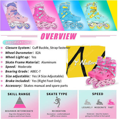 Nattork Rolschaatsen voor meisjes met volledige oplichtende wielen, verstelbare inline skates voor beginners voor jongeren, roze leeftijd 8-12 Nattork Rolschaatsen voor meisjes met volledige oplichtende wielen, verstelbare inline skates voor beginners voor jongeren, roze leeftijd 8-12