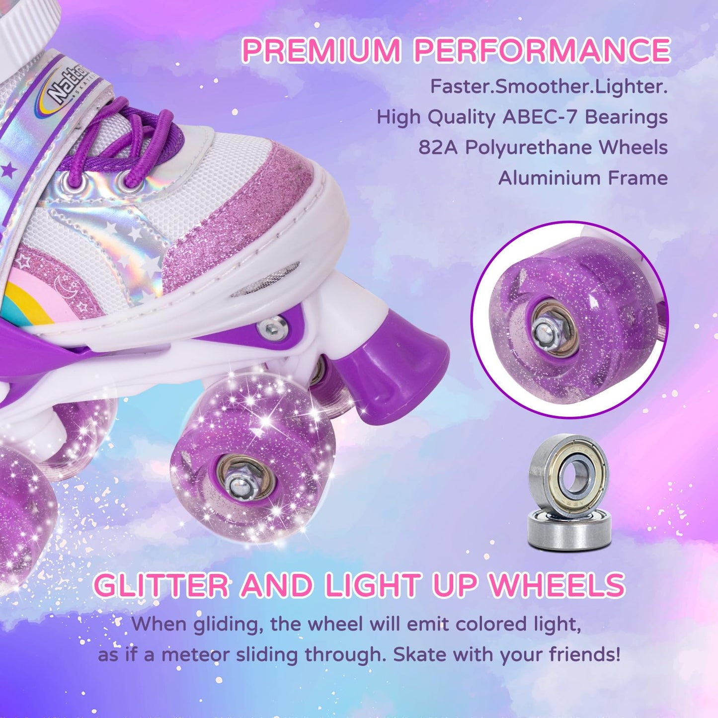Nattork Adjustable Roller Skates for Kids - Purple