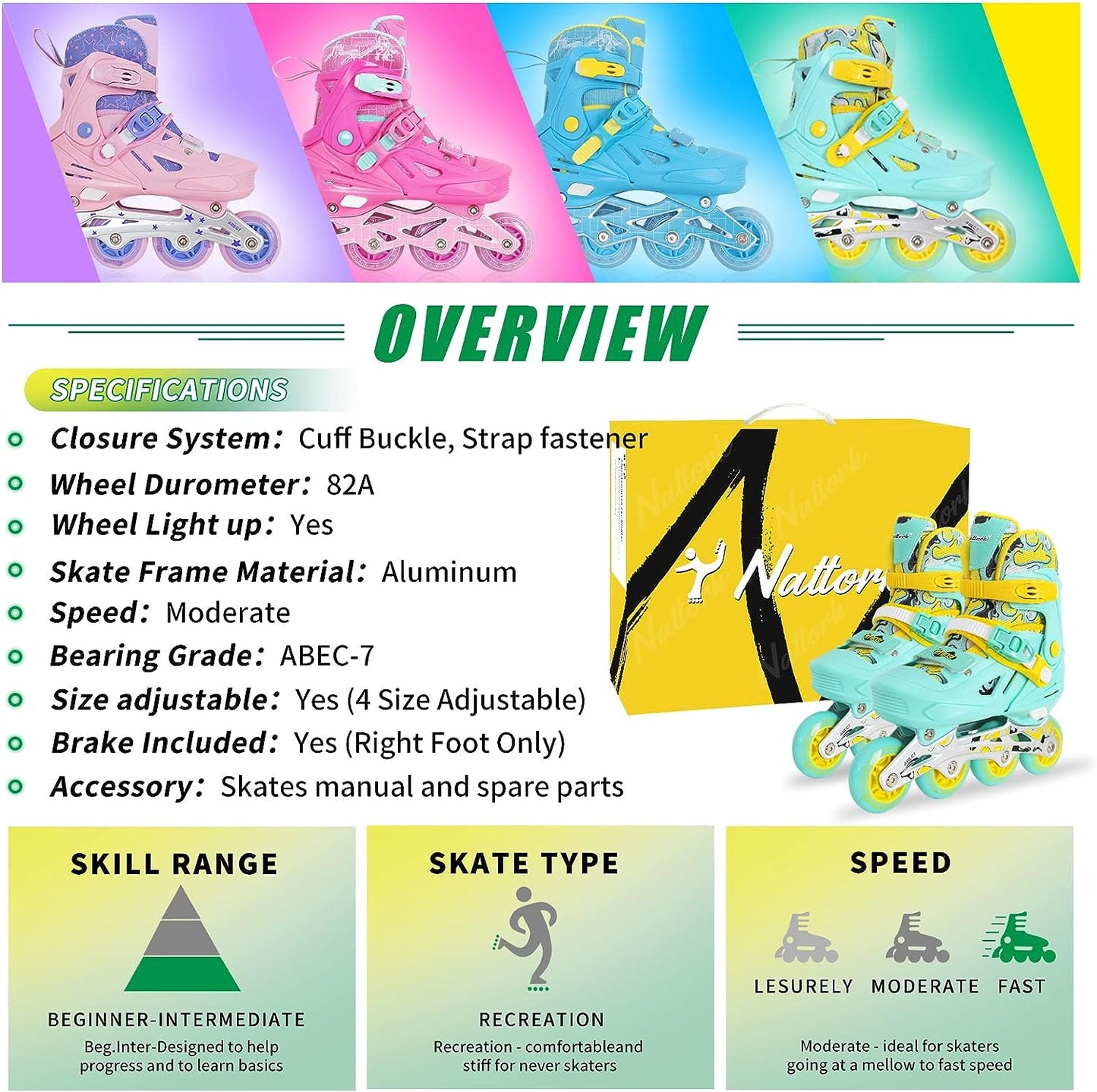 Patines en línea ajustables Nattork para niños, color verde azulado