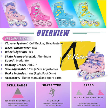 Nattork Adjustable Inline Skates for Kids Pink