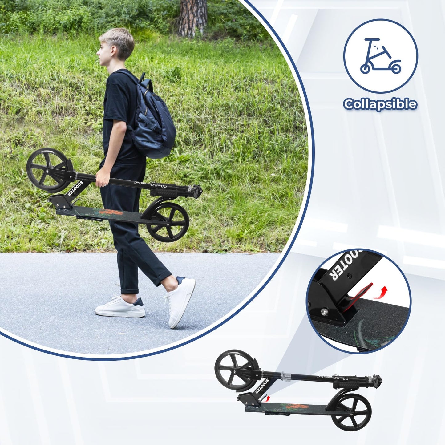 Patinete plegable Nattork para niños de 8 años en adelante, color negro fantasmal