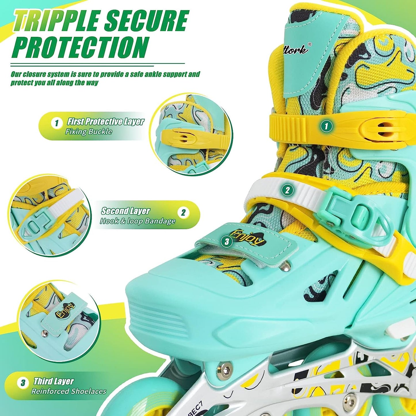Patines en línea ajustables Nattork para niños, color verde azulado
