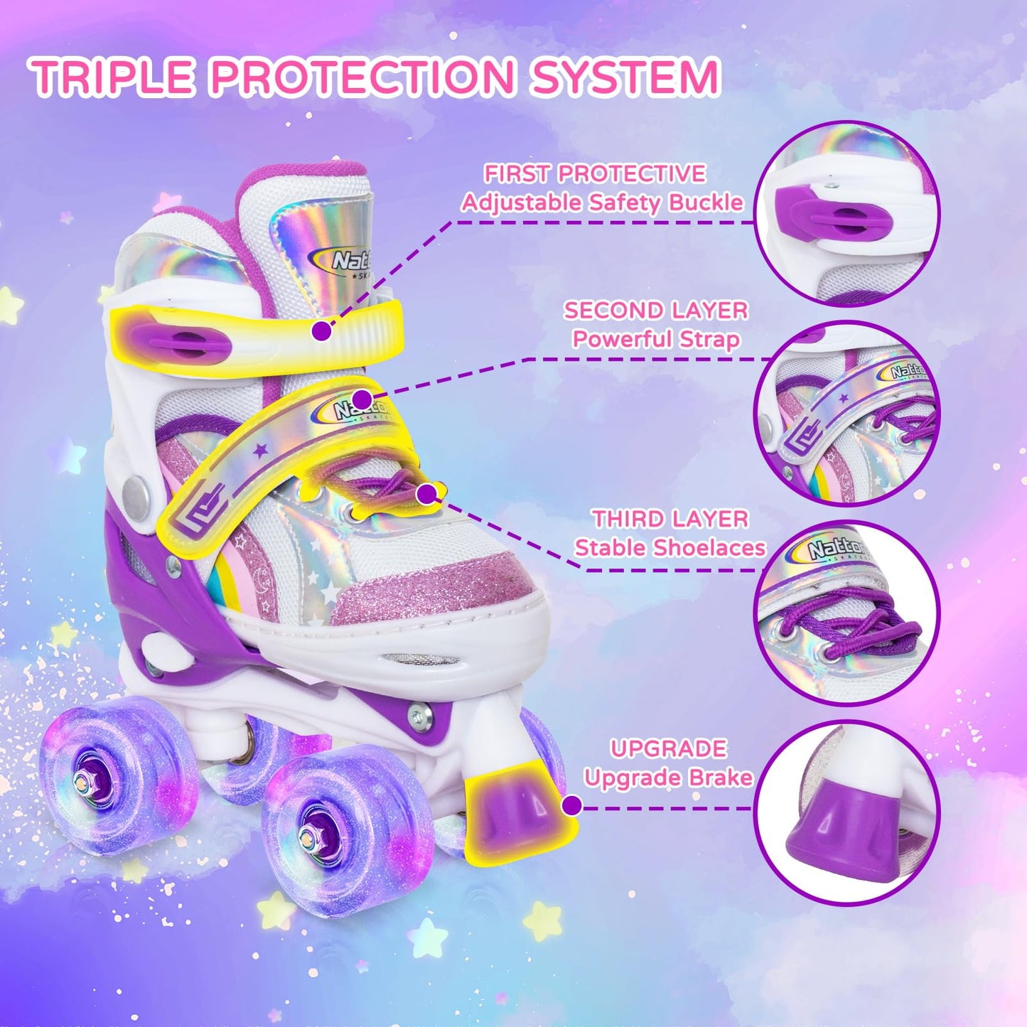 Nattork Adjustable Roller Skates for Kids - Purple