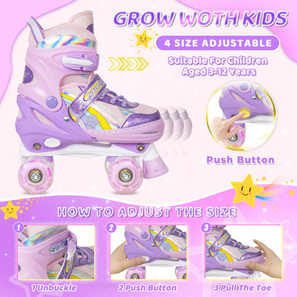 Nattork Adjustable Roller Skates for Kids - Rainbow Star Purple & Pink