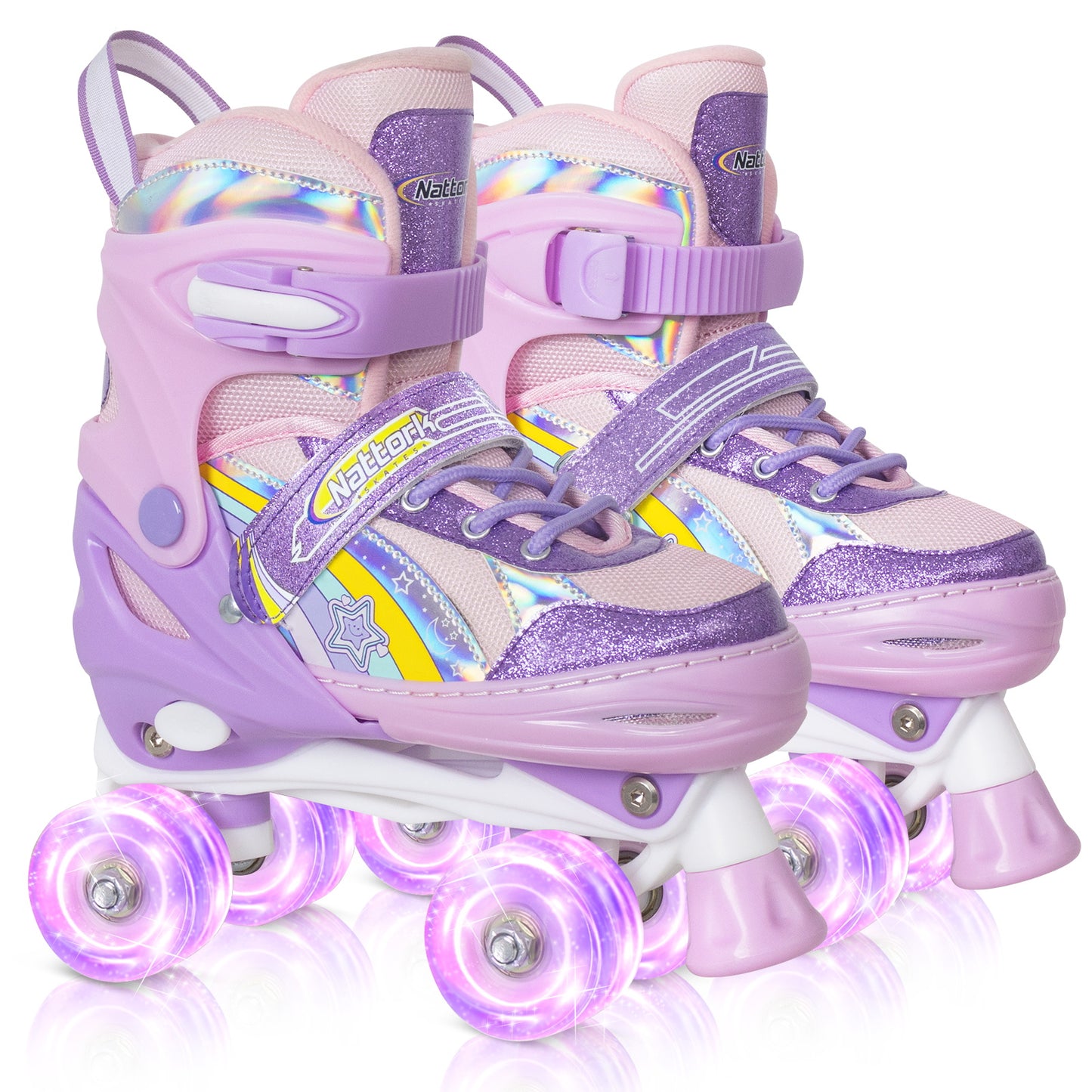 Nattork Adjustable Roller Skates for Kids - Rainbow Star Purple & Pink
