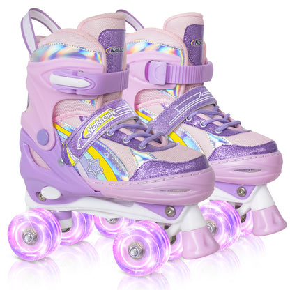 Nattork Adjustable Roller Skates for Kids - Rainbow Star Purple & Pink