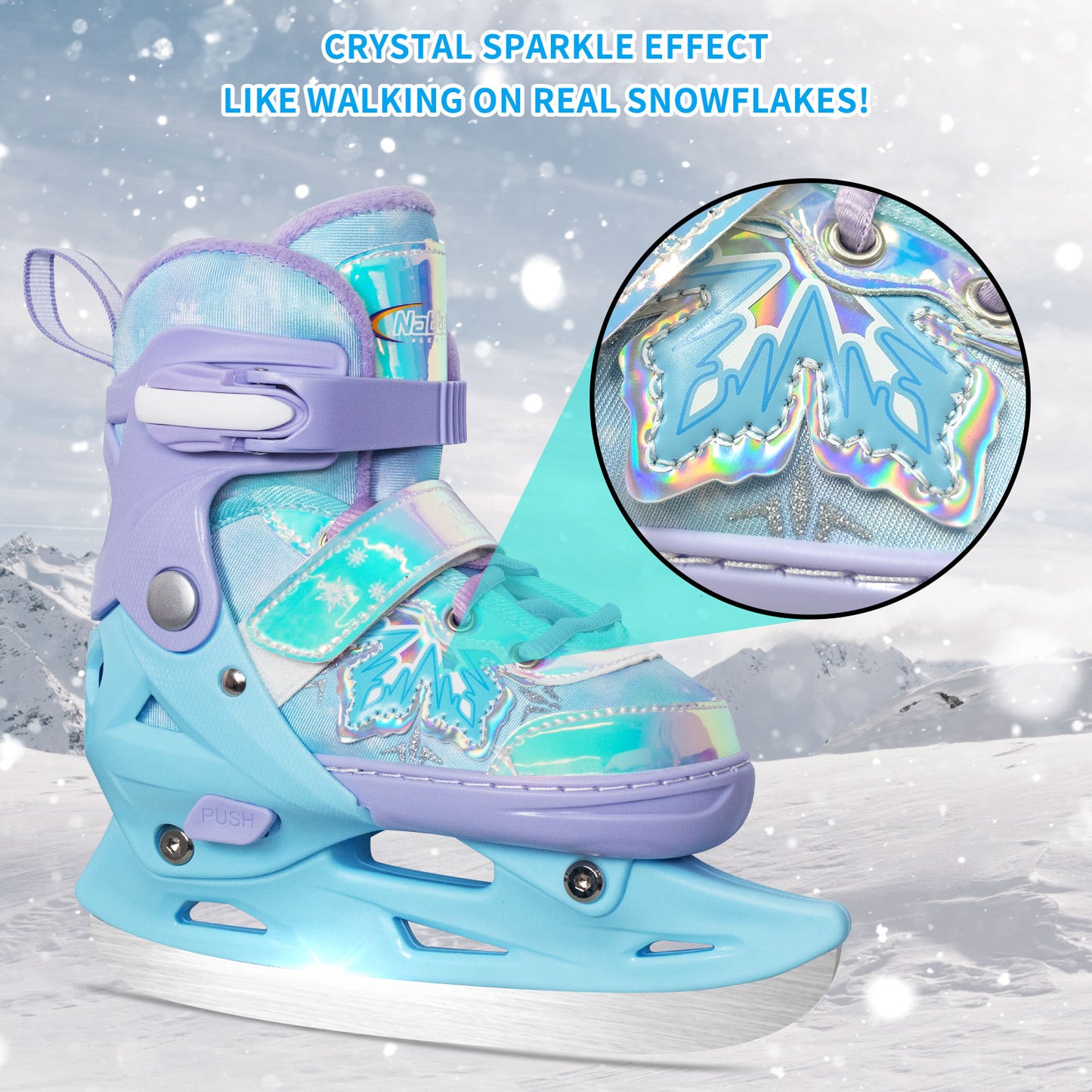 Nattork Adjustable Ice Skates for Kids - Snowy Ice Pink & Blue