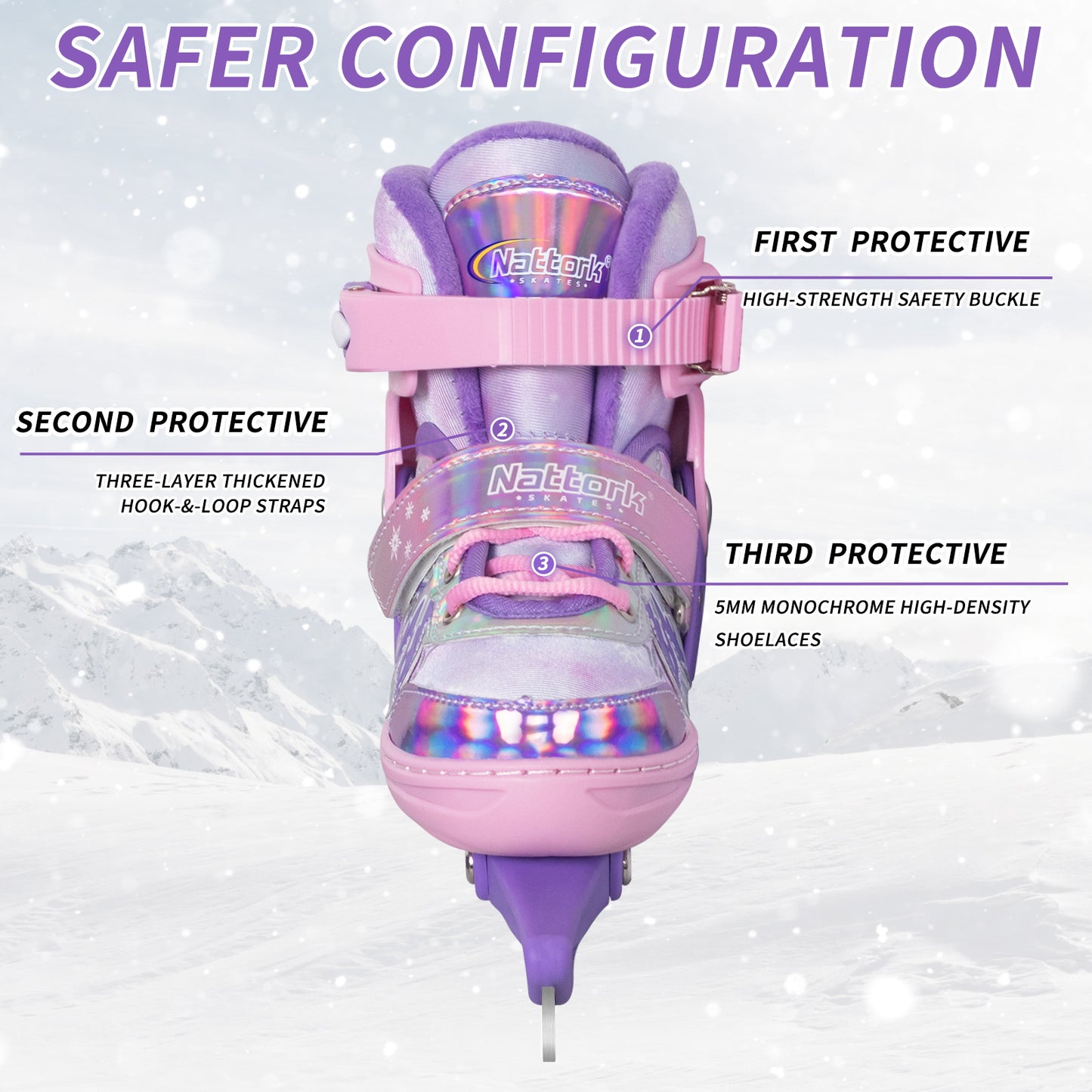 Nattork Adjustable Ice Skates for Kids - Snowy Ice Pink & Purple