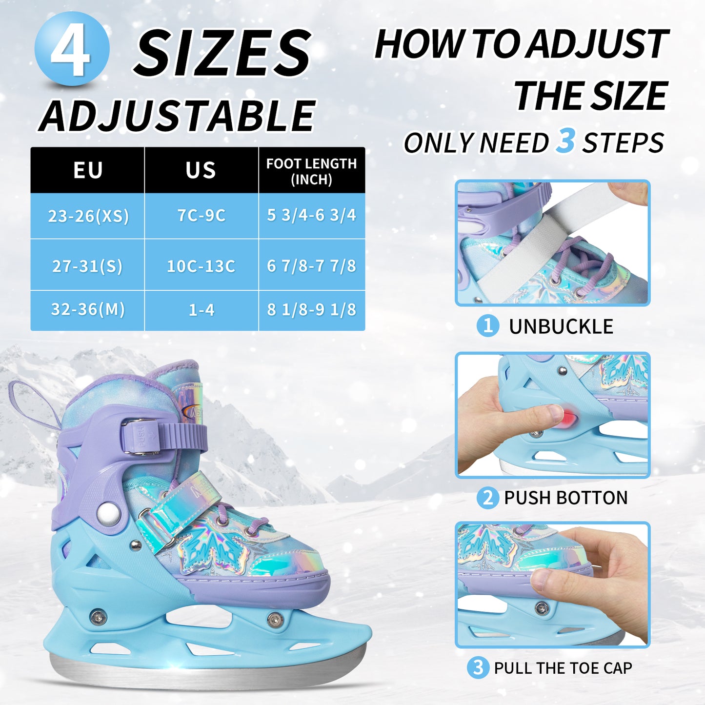 Nattork Adjustable Ice Skates for Kids - Snowy Ice Pink & Blue