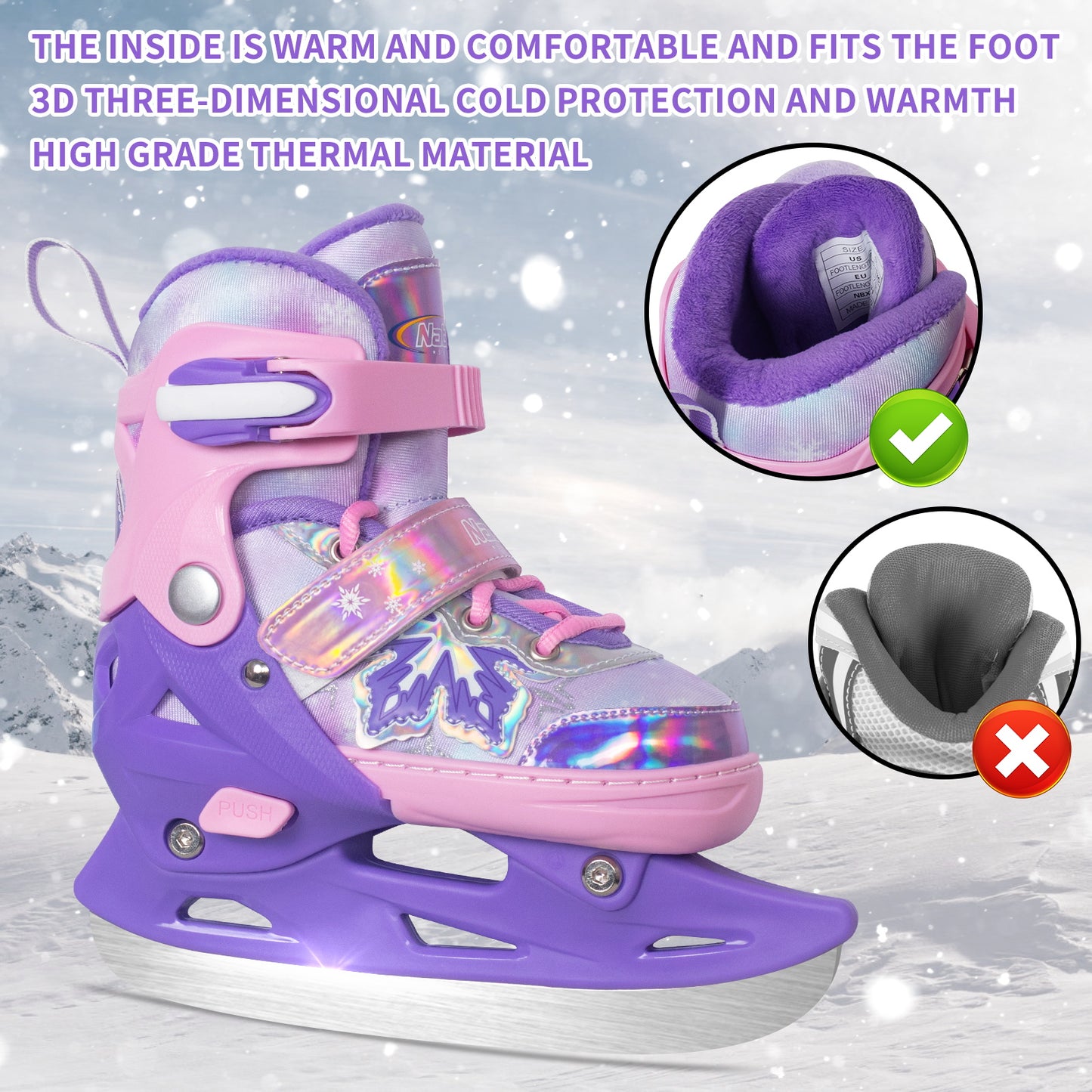 Nattork Adjustable Ice Skates for Kids - Snowy Ice Pink & Purple