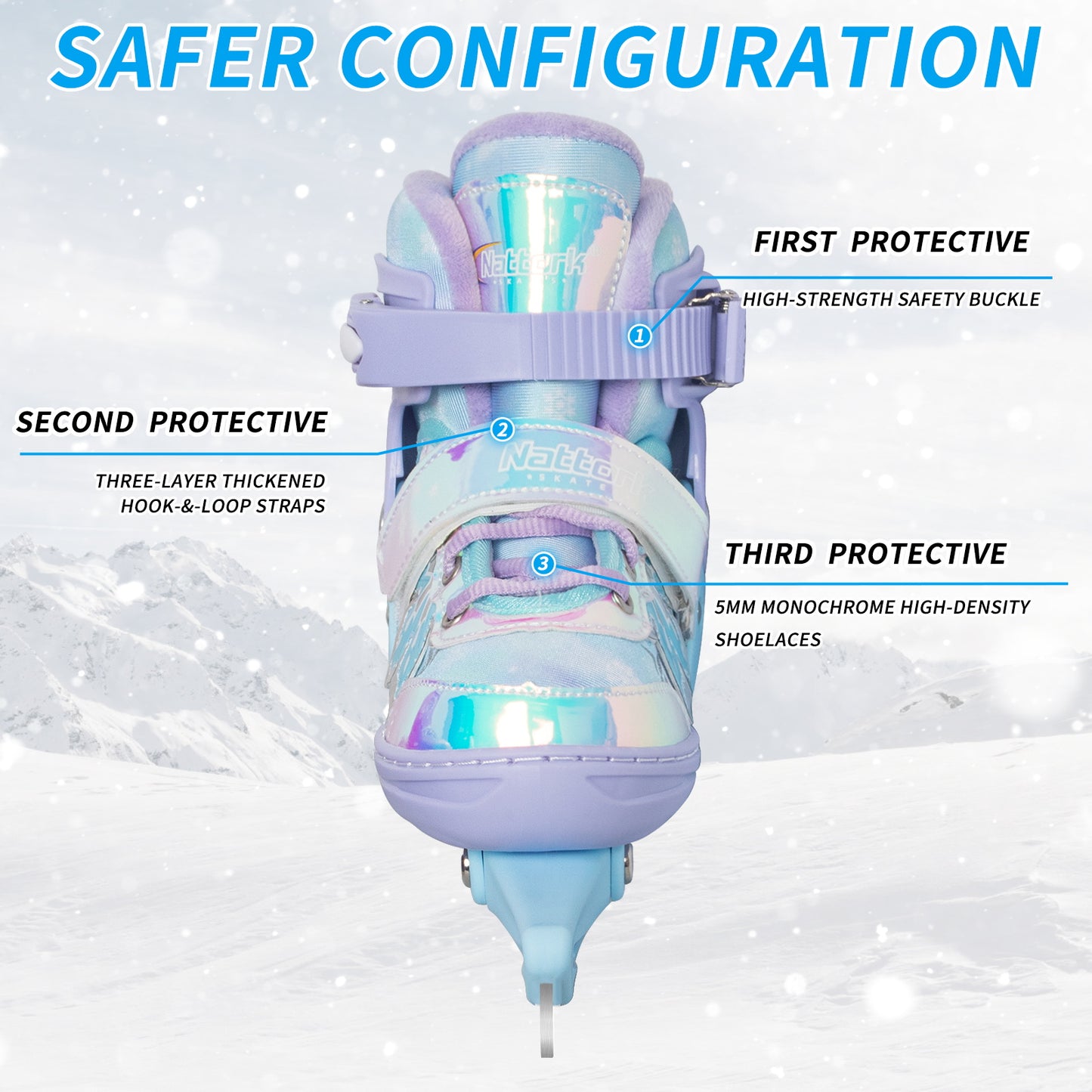 Nattork Adjustable Ice Skates for Kids - Snowy Ice Pink & Blue