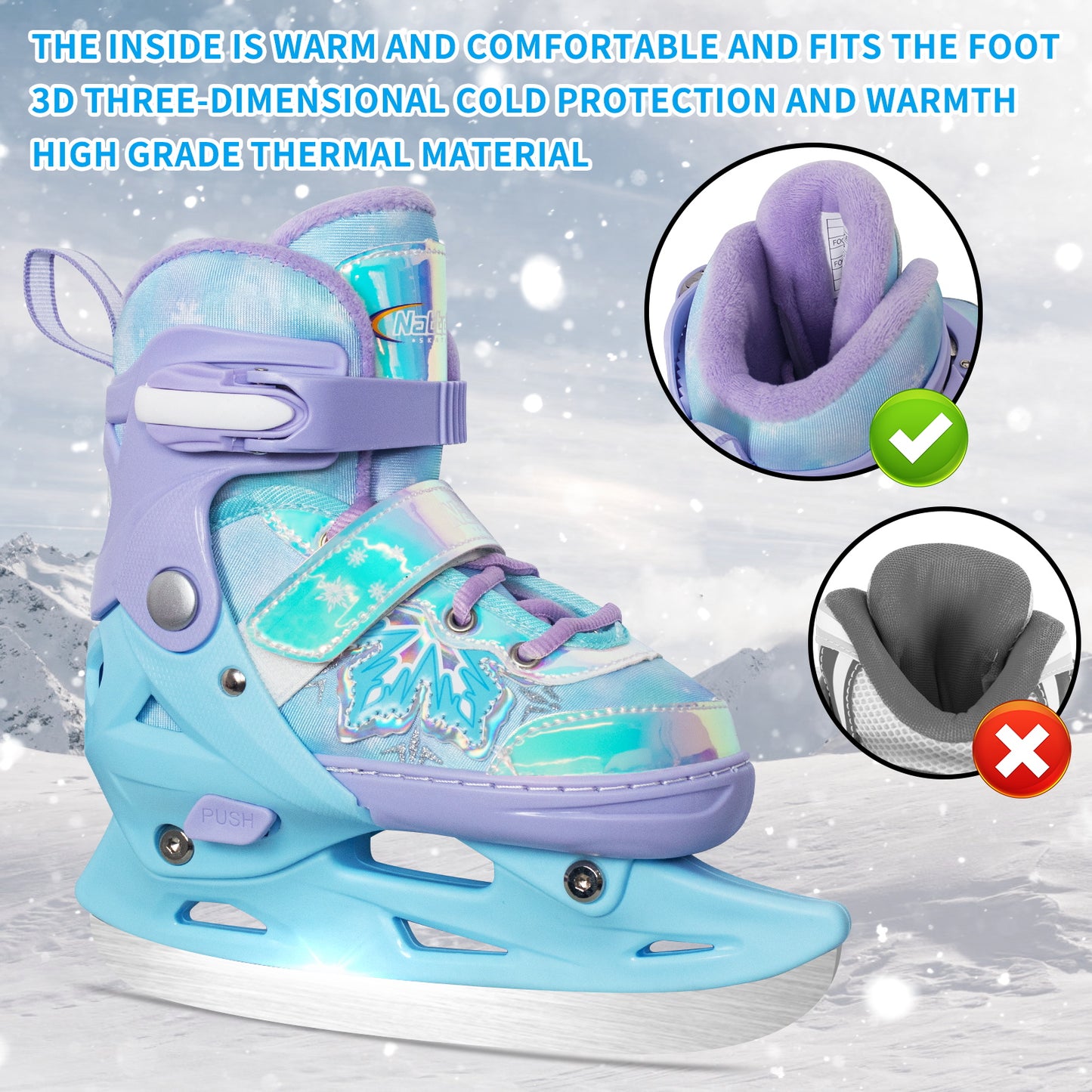 Nattork Adjustable Ice Skates for Kids - Snowy Ice Pink & Blue