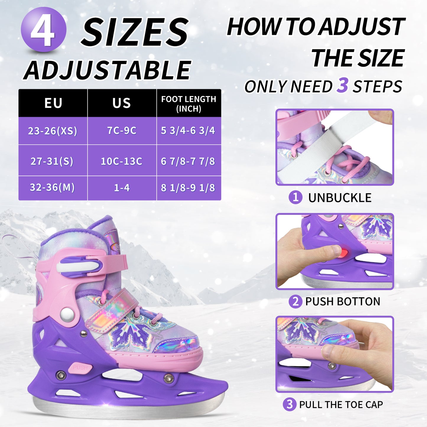 Nattork Adjustable Ice Skates for Kids - Snowy Ice Pink & Purple