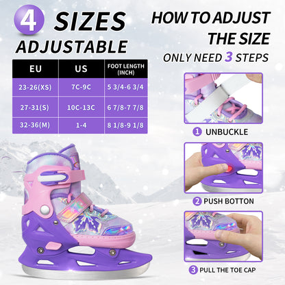 Nattork Adjustable Ice Skates for Kids - Snowy Ice Pink & Purple
