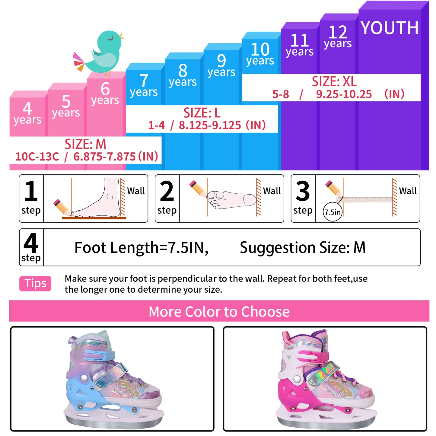 Nattork Adjustable Ice Skates for Kids - Fairy Wing Viva Magenta