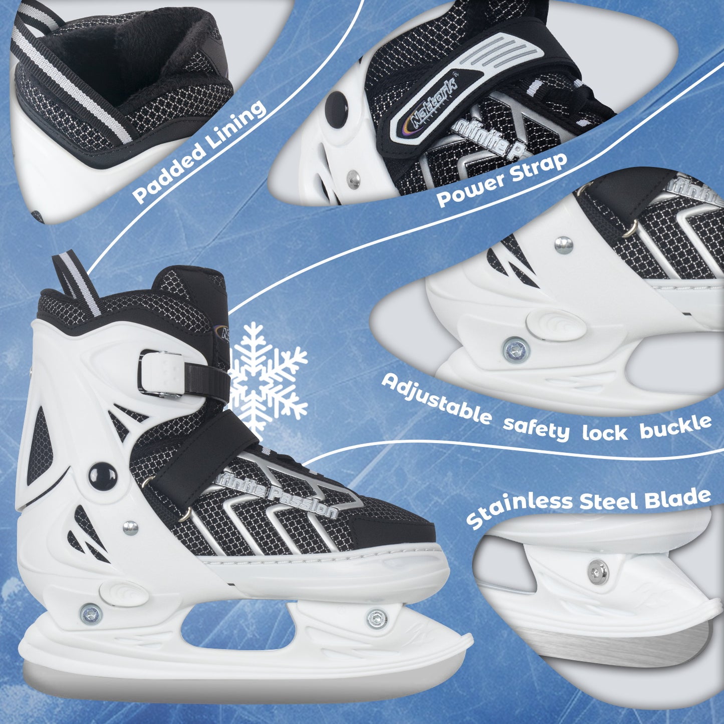 Nattork Adjustable Ice Skates for Kids & Adults - White