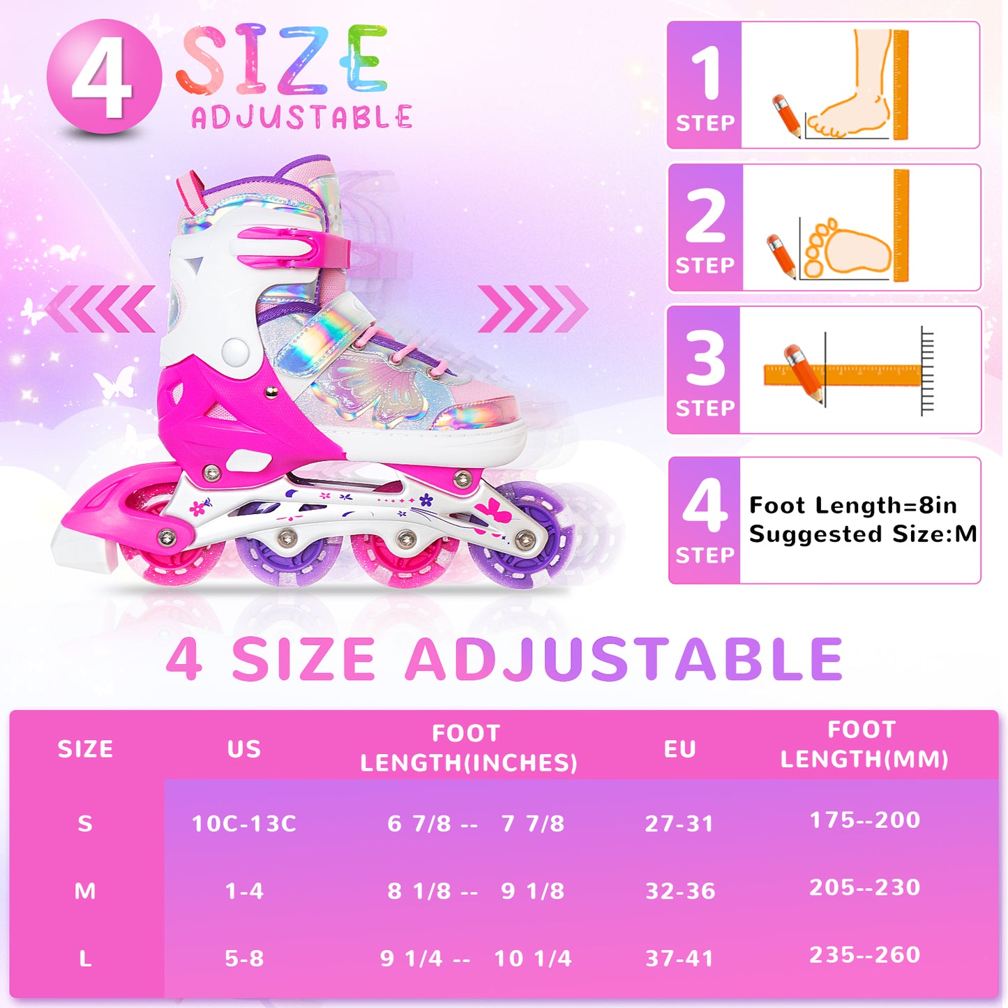 Patines en línea ajustables Nattork para niños - Fairy Wing Viva Magenta