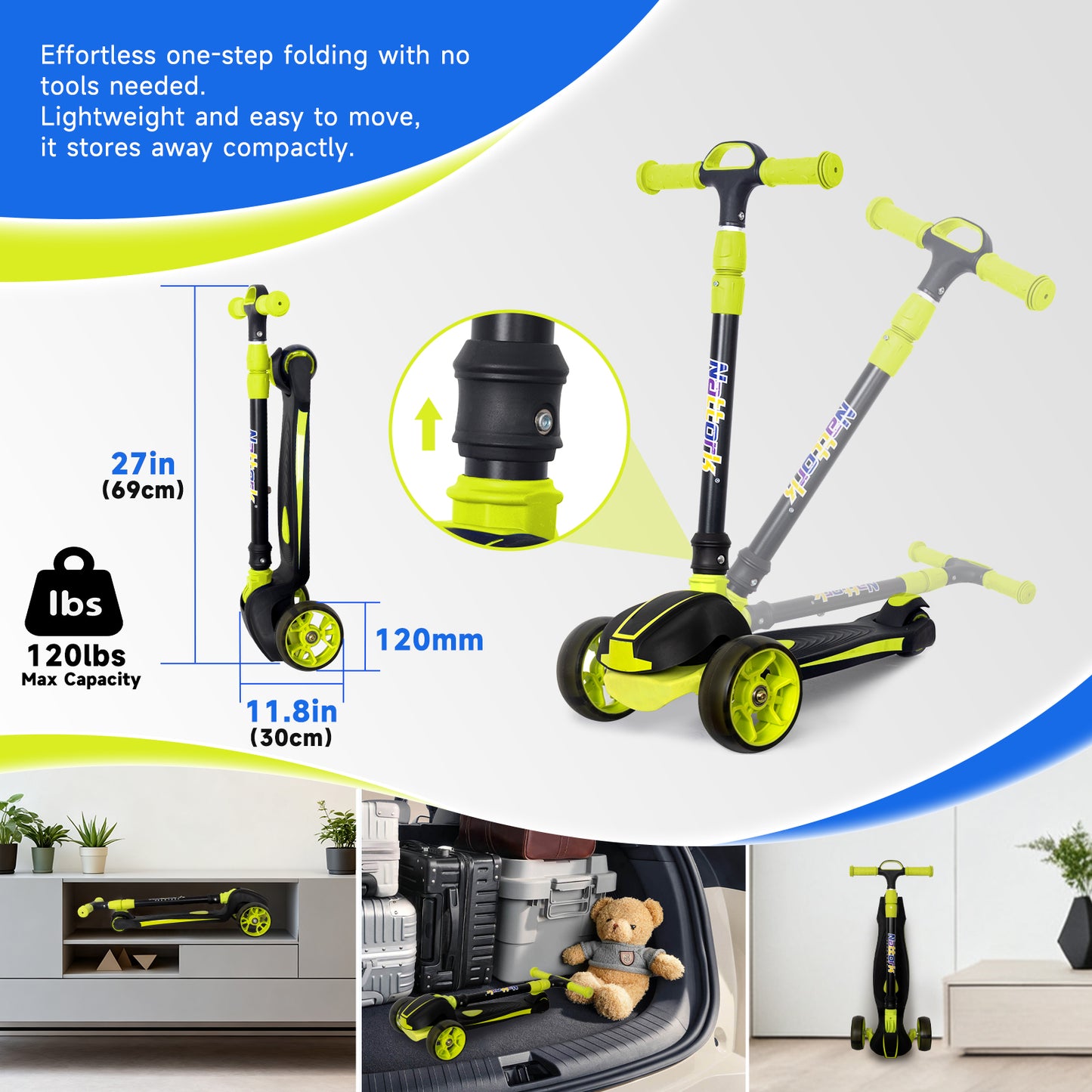 Nattork Foldable Light-Up 3-Wheel Scooter for Kids Ages 3–12 - Green