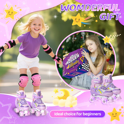 Nattork Adjustable Roller Skates for Kids - Rainbow Star Purple & Pink