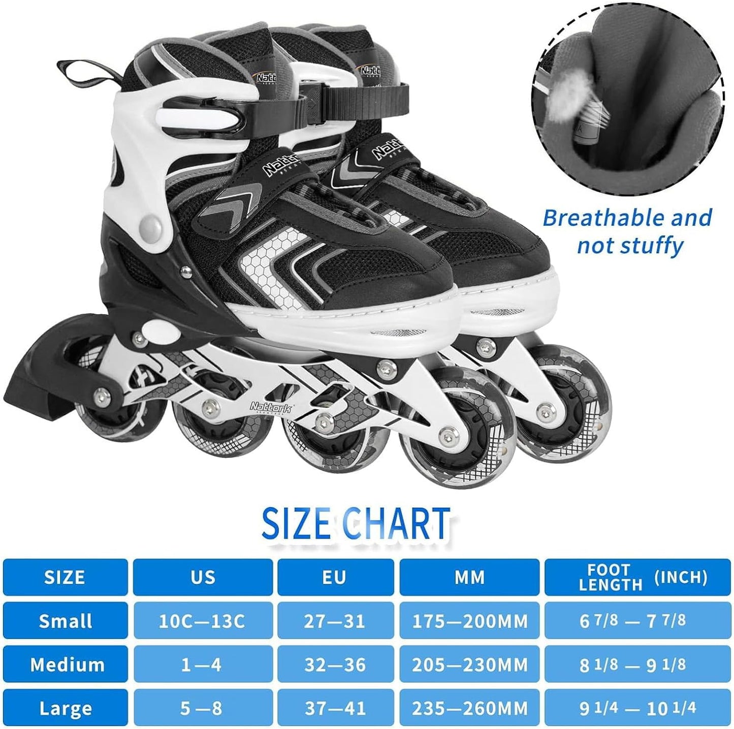 Patines en línea ajustables Nattork para niños, color negro