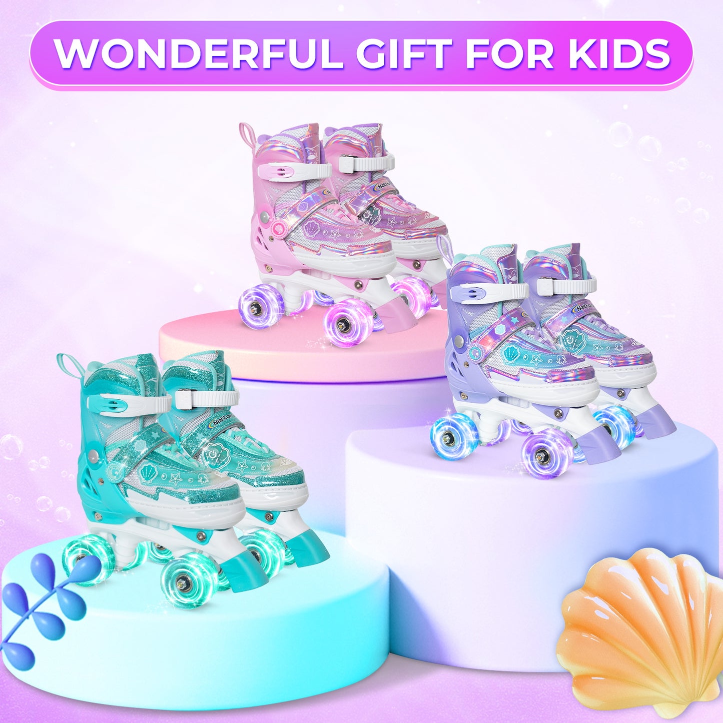 Nattork Adjustable Roller Skates for Kids - Pink Oceanic Light