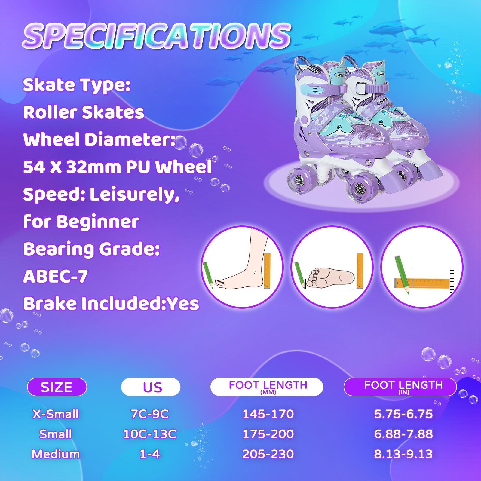 Nattork Adjustable Roller Skates for Kids - Purple Dolphin